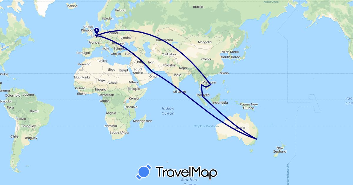 TravelMap itinerary: driving in United Arab Emirates, Australia, Belgium, Cambodia, Malaysia, Thailand, Vietnam (Asia, Europe, Oceania)